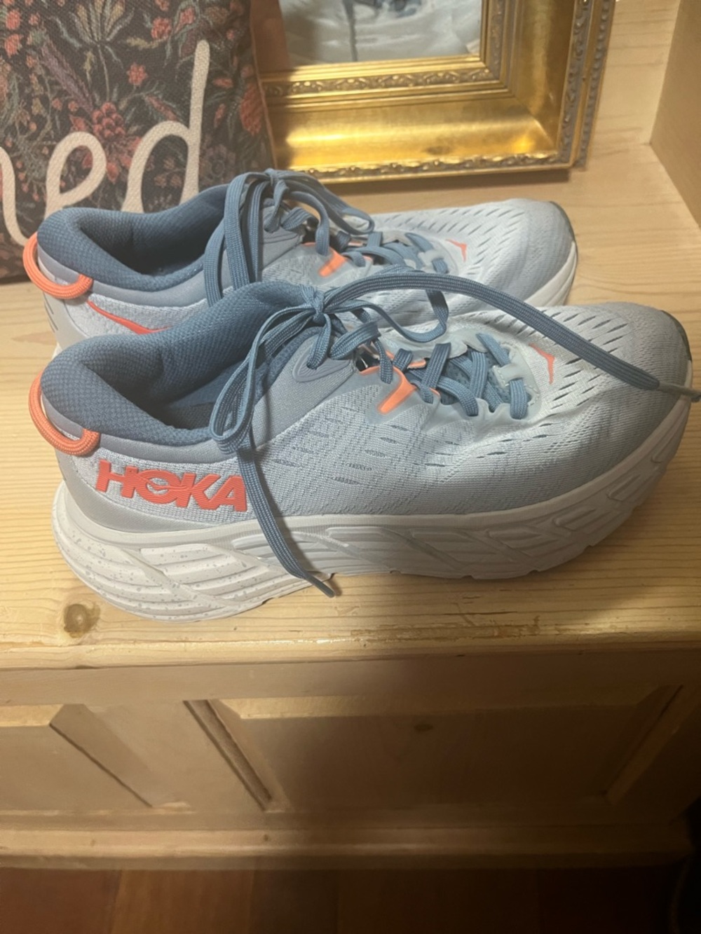 Hoka Women's Pale Blue Running Shoes with Coral Accents,            size 7.5